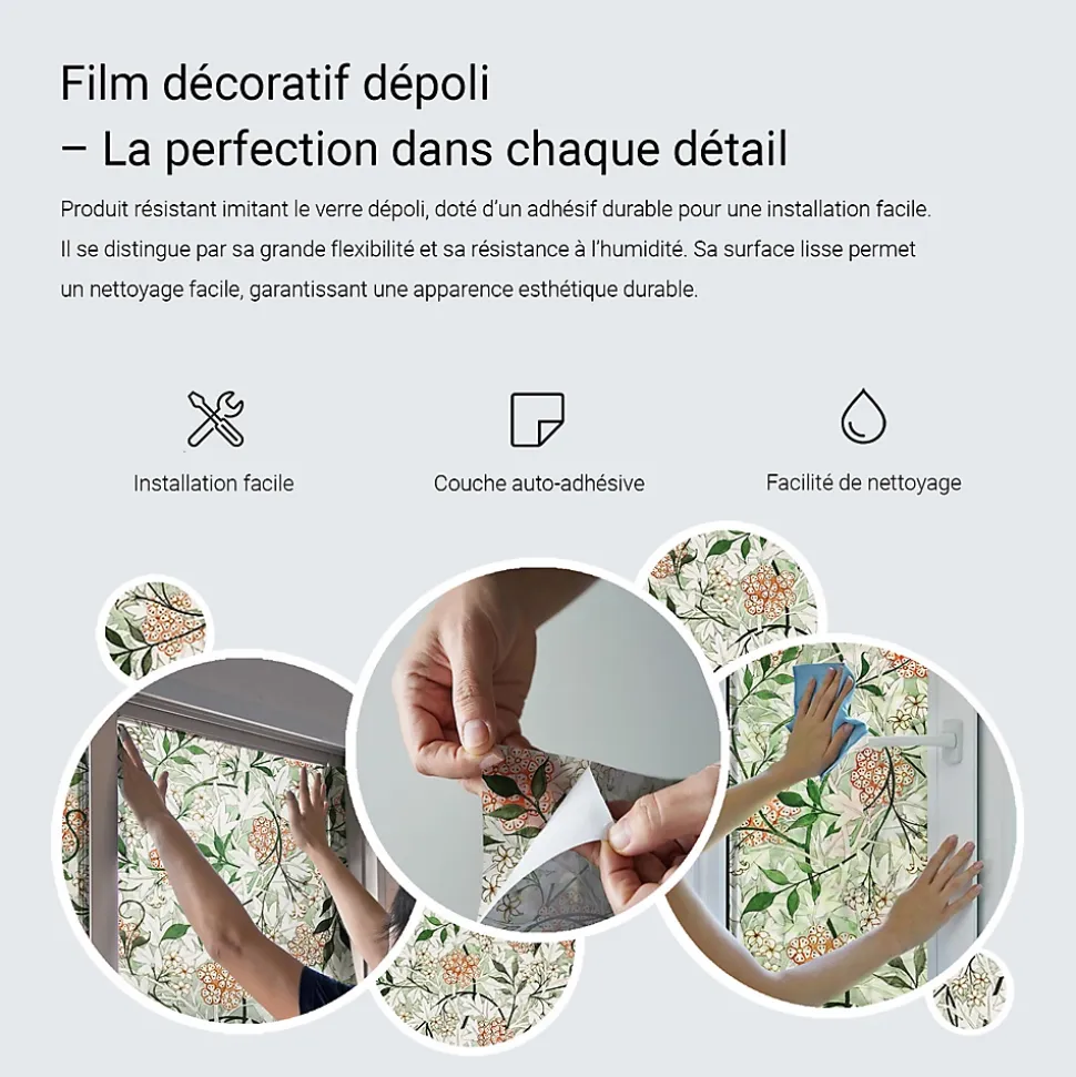 Film dépoli blanc adhésif Wallfluent 50x100 cm décoratif vitrail Feuilles Fleurs 1 rol.