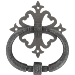 Heurtoir de porte fer sur rosace carré ajourée vieil argent argent antique