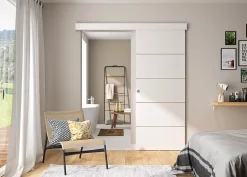 Kit porte coulissante 4 lignes - blanc lignée - + rail 2 amortisseurs + cache rail blanc - H 204 cm x L 83 cm