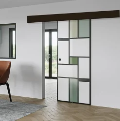 KIT Porte coulissante en verre + Rail à pince Noir Coffrage - MONDO OPAQUE VERTE - H. 204 x L. 93 cm - Fabrication Française AURYS
