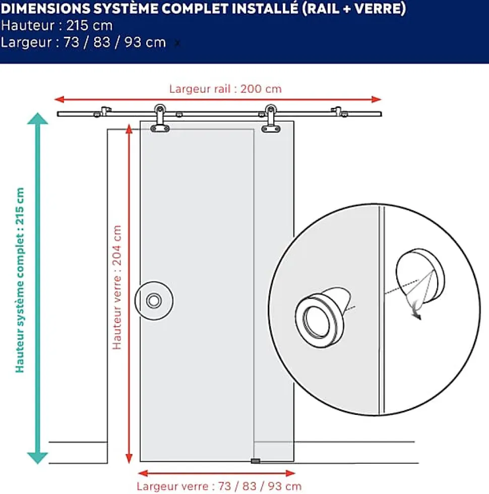 Kit Porte coulissante en verre + Rail coulissant - MINIMO - H. 204 x L. 73 cm - Fabrication Française AURYS NORMANDIE