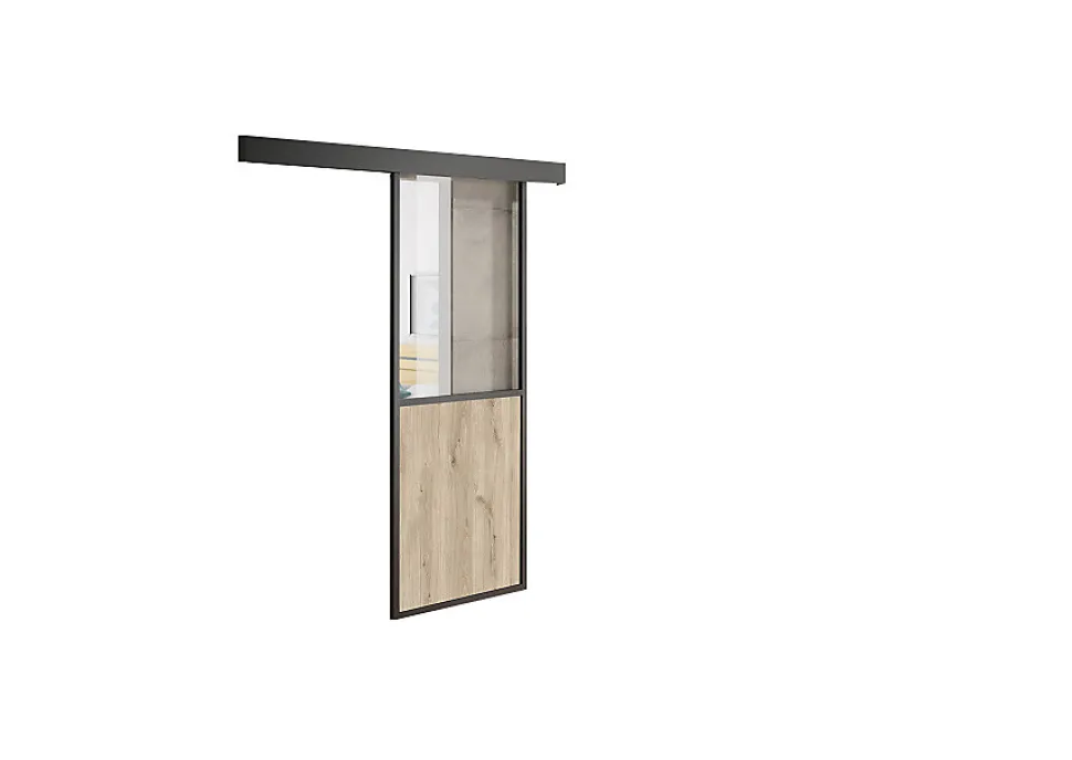 Kit porte coulissante en applique Contemporain noir chêne terra cadre en aluminium et verre transparent H 204 x 93 x 3,6 cm