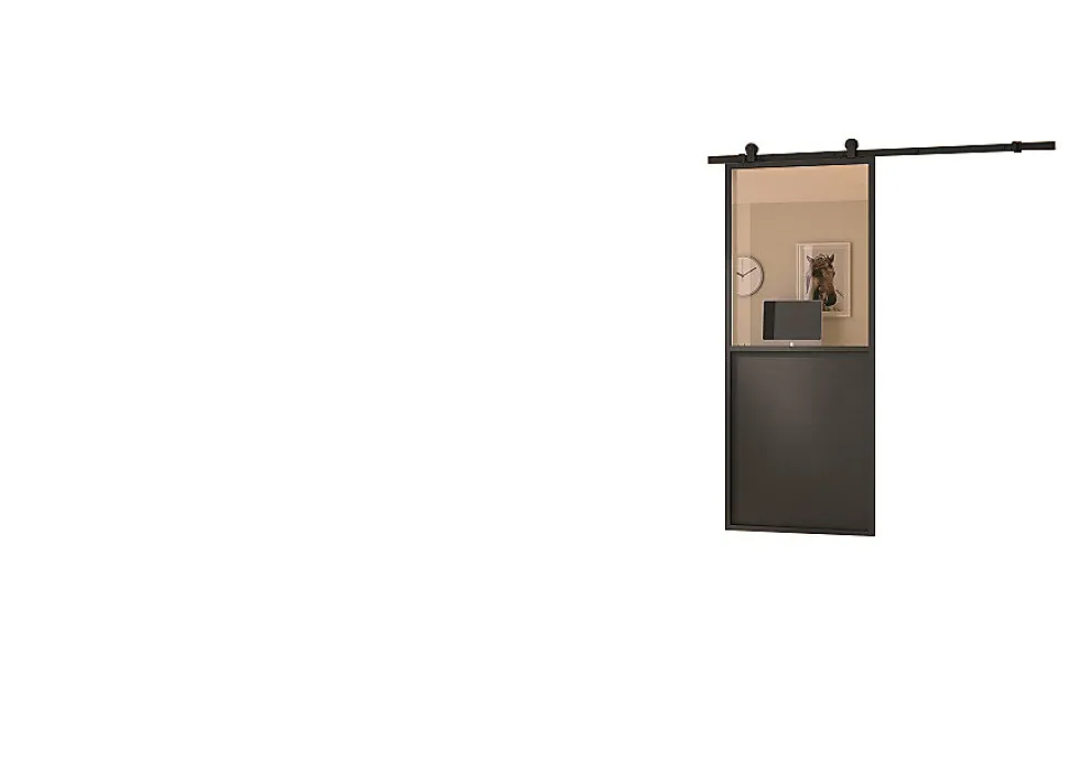 Kit porte Coulissante en applique Contemporain noir cadre en aluminium et verre transparent H. 204 X 93 X 3,6 Cm