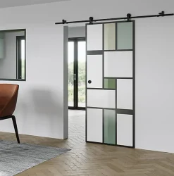 KIT Porte coulissante en verre + Rail coulissant apparent - MONDO OPAQUE VERTE - H. 204 x L. 93 - Fabrication Française AURYS NORM
