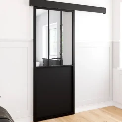 Kit porte coulissante verrière 83 cm en métal + MDF avec rail et fixations