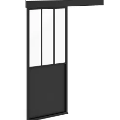 Kit porte coulissante verrière 83 cm en métal + MDF avec rail et fixations