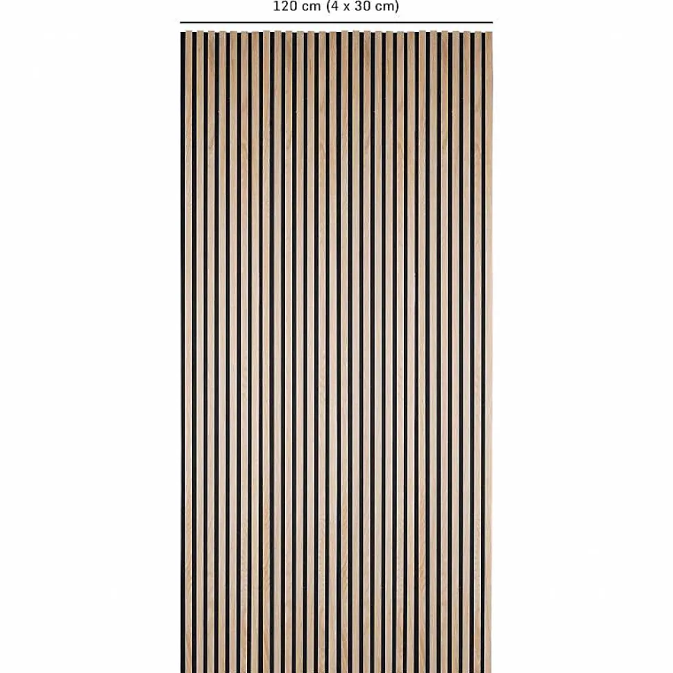 Lot de 4 panneaux acoustiques tasseaux bois 250 x 30 x 1,9 cm - Lamelles bois placage chêne clair véritable fond noir - 3m²