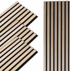 Lot de 4 panneaux acoustiques tasseaux bois 250 x 30 x 1,9 cm - Lamelles bois placage chêne clair véritable fond noir - 3m²