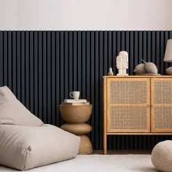 Lot de 7 Panneaux muraux tasseaux bois 120 x 30 x 1,9 cm - Pack tête de lit - Lamelles bleu nuit / feutrine noir - 2,52m²
