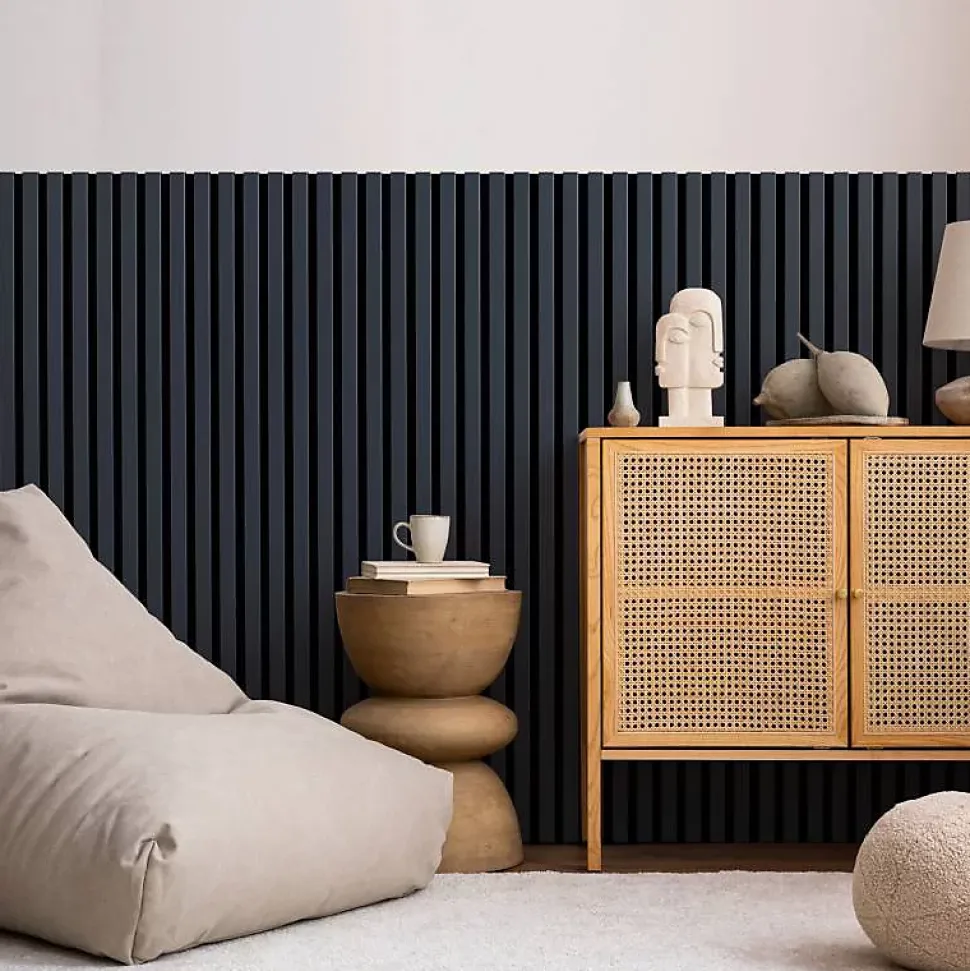 Lot de 7 Panneaux muraux tasseaux bois 120 x 30 x 1,9 cm - Pack tête de lit - Lamelles bleu nuit / feutrine noir - 2,52m²