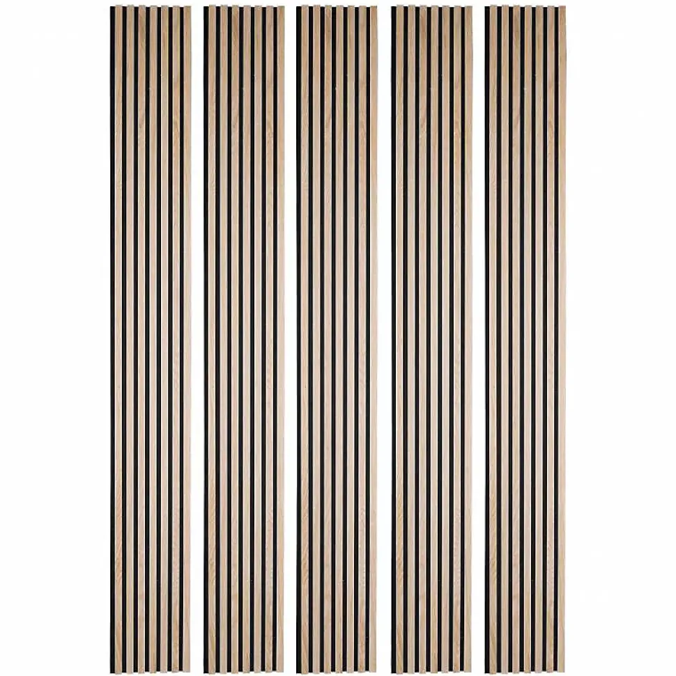 Lot de 5 panneaux tasseaux bois 250x30x1 cm - Pack Mur TV bois 150cm - Lamelles chêne clair véritable fond noir - 3,75m²