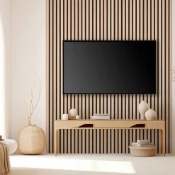 Lot de 5 panneaux tasseaux bois 250x30x1 cm - Pack Mur TV bois 150cm - Lamelles chêne clair véritable fond noir - 3,75m²
