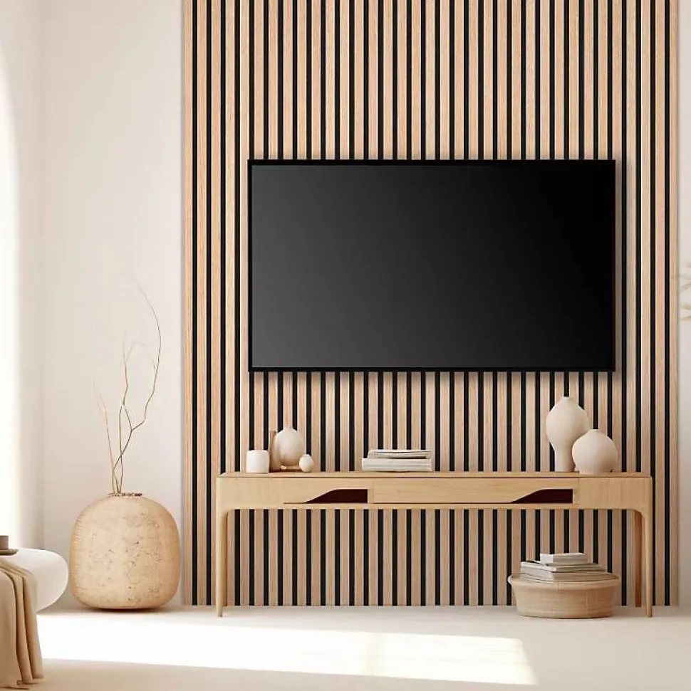 Lot de 5 panneaux tasseaux bois 250x30x1 cm - Pack Mur TV bois 150cm - Lamelles chêne clair véritable fond noir - 3,75m²