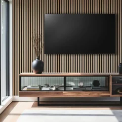 Lot de 7 panneaux tasseaux bois - 250x30x1 cm - Pack Mur TV bois 210cm - Lamelles chêne clair véritable fond noir - 5,25m²