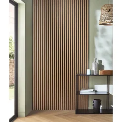 Lot de 4 panneaux tasseaux bois 250 x 30 x 1 cm - Lamelles bois placage chêne clair véritable fond noir - 3m²