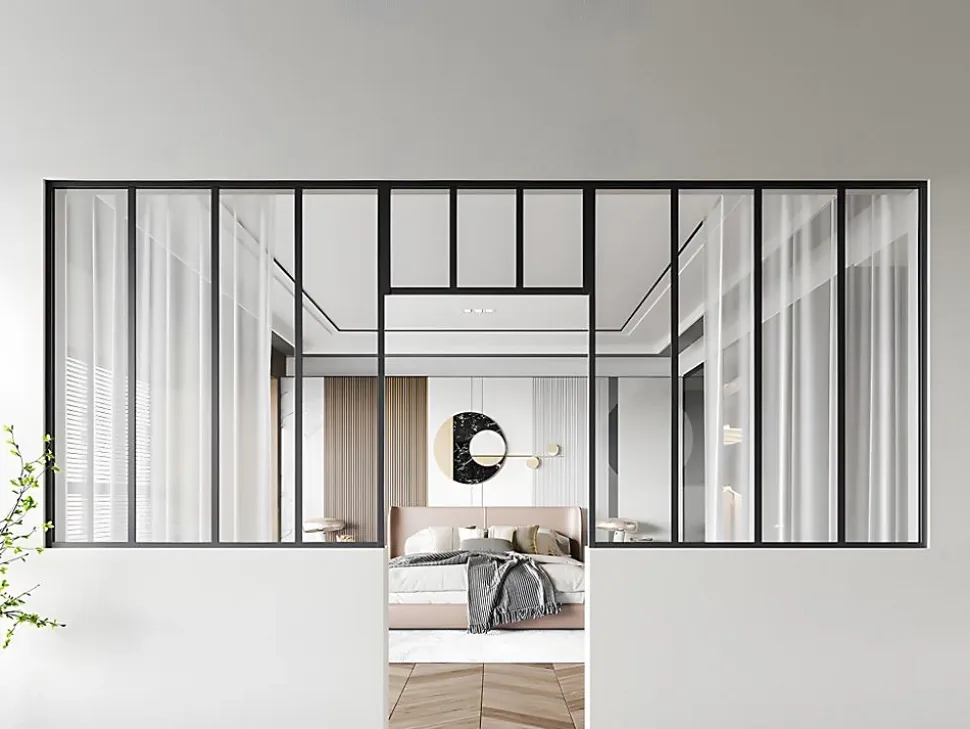 Lot de 2 verrières atelier avec imposte en aluminium thermolaqué - 2 x L120 x H130 + L73 x H40 cm - Noir - BAYVIEW