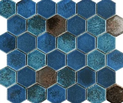 Mosaique de ceramique Hexagone Mix Bleu Bronze - vendu par plaque de 29,4X25,5 cm -
