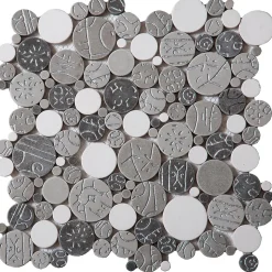 Mosaique de pierre reconstituee Rond Taupe Blanc et Argent - vendu par plaque de 30 X 30 cm