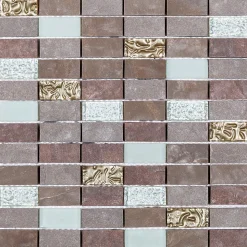 Mosaique de Quartzite 2.3 X 4.8 Cm Marron Naturel et Verre Blanc/Beig 30X30 cm -