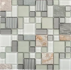 Mosaique de Quartzite Multiformat et Verre Gris - vendu par plaque de 30X30 Cm -