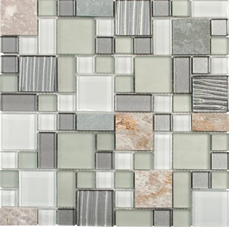 Mosaique de Quartzite Multiformat et Verre Gris - vendu par plaque de 30X30 Cm -