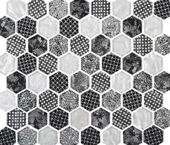 Mosaique de Verre Hexagone Blanc et Noir - vendu par plaque de 26.5 X 29.6 cm -