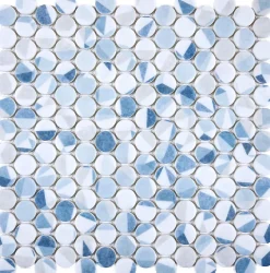 Mosaique de verre recycle Ronde Blanc Bleu Geo - vendu par plaque de 29,7X30,5 cm-