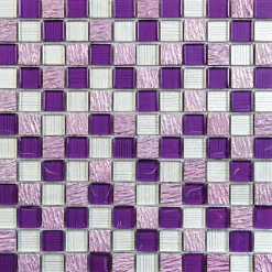 Mosaïque de verre 2.3X2.3 cm Blanc et Violet + Pierre Rose - vendu par plaque de 30X30 cm