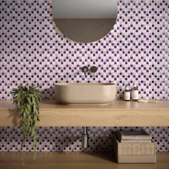 Mosaïque de verre 2.3X2.3 cm Blanc et Violet + Pierre Rose - vendu par plaque de 30X30 cm