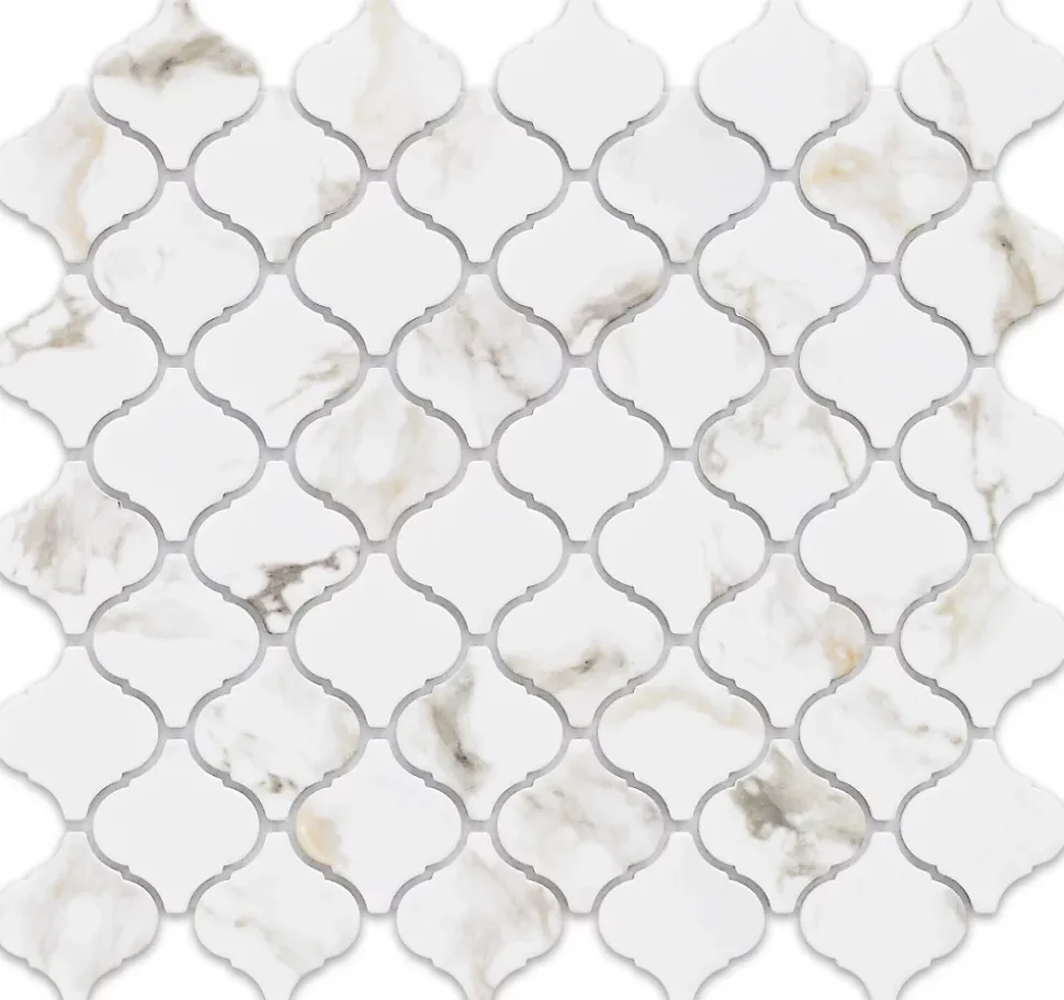 Mosaïque en céramique sur maille pour salle de bain ou cuisine 28.2 cm x 30 cm - Marble Arabesque
