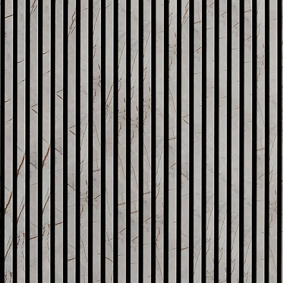 Mur TV - Lot de 5 Panneaux tasseaux bois 250 x 30 x 1,9 cm - décor marbre gris/feutrine noir - 3,75m²