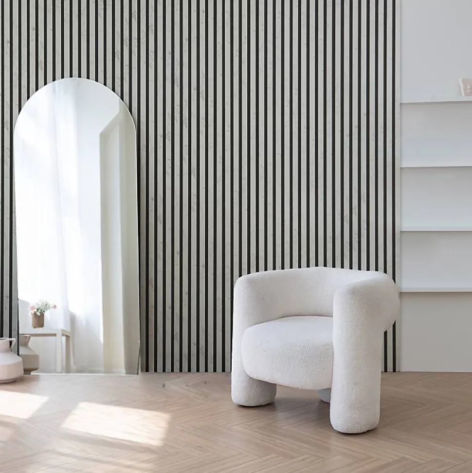 Mur TV - Lot de 5 Panneaux tasseaux bois 250 x 30 x 1,9 cm - décor marbre blanc/feutrine noir - 3,75m²