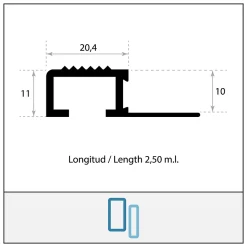 Nez de Marche Escalier 10 mm Argent Mat Antiderapante EXT/INT pour carrelage L 2,5m Finition Argent Mat.