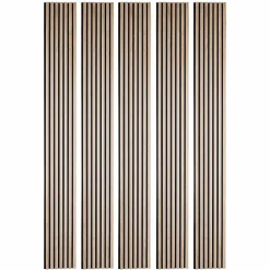 Pack Acoustic Mur TV tasseaux bois - Lot de 5 panneaux 250x30x1,9 cm - Lamelles chêne clair véritable fond noir - 3,75m²