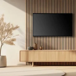 Pack Acoustic Mur TV tasseaux bois - Lot de 5 panneaux 250x30x1,9 cm - Lamelles chêne clair véritable fond noir - 3,75m²