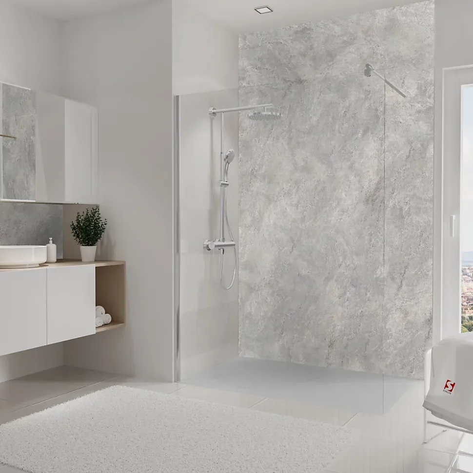 Pack de 2 panneaux muraux de salle de bains l.100 x H.210 cm, effet pierre gris et argenté , Schulte DécoDesign Softtouch