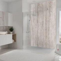 Pack de 2 panneaux muraux de salle de bains l.100 x H.255 cm, effet travertin beige structuré , Schulte DécoDesign Softtouch