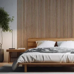 Panneau mural acoustique tasseaux bois 250 x 30 x 1,9 cm - Lamelles chêne clair véritable sur fond gris - 0,75m²