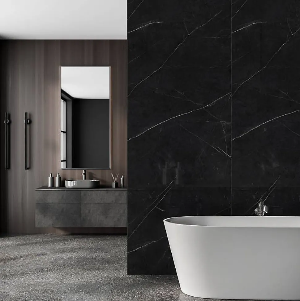 Panneau Mural Douche SPC/PVC Décor Marbre Noir satiné - 90x260cm - 2,34M²