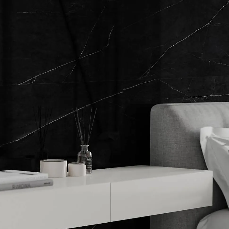 Panneau Mural Douche SPC/PVC Décor Marbre Noir satiné - 90x260cm - 2,34M²