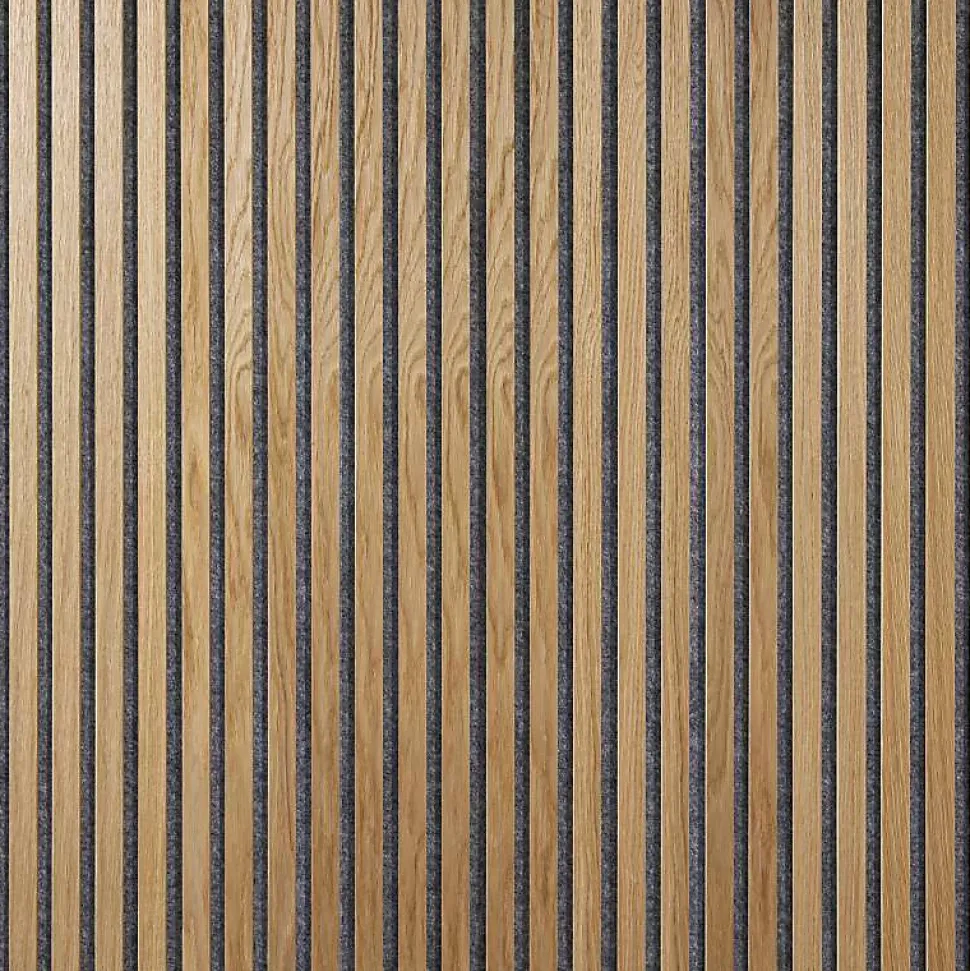 Panneau tasseaux bois 250 x 30 x 1cm - Lamelles chêne clair véritable fond gris - 0,75m²