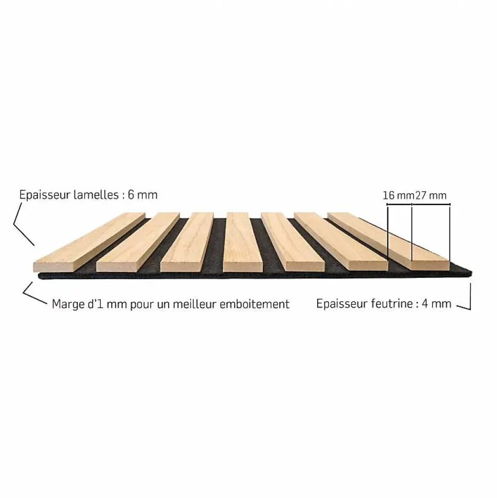 Panneau tasseaux bois 250 x 30 x 1cm - Lamelles chêne clair véritable fond gris - 0,75m²