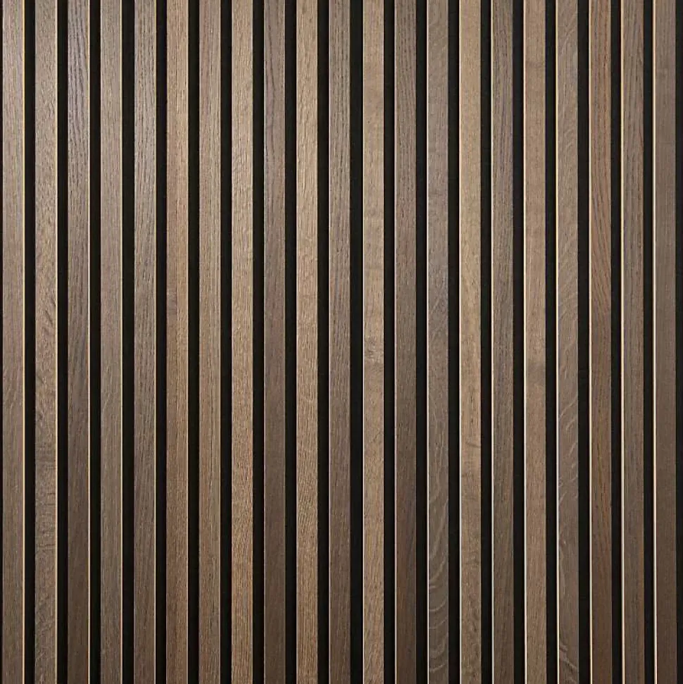 Panneau tasseaux bois 250 x 30 x 1cm - Lamelles chêne foncé véritable fond noir - 0,75m²