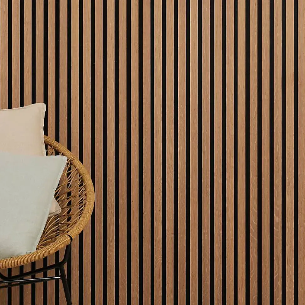 Panneau tasseaux bois 250 x 30 x 1cm - Lamelles chêne doré véritable fond noir - 0,75m²