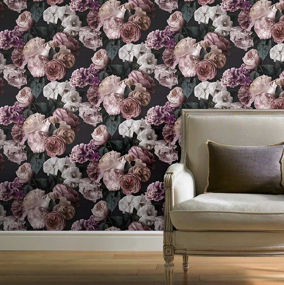Papier peint floral vinyle sur intissé mauve, GoodHome Drosera