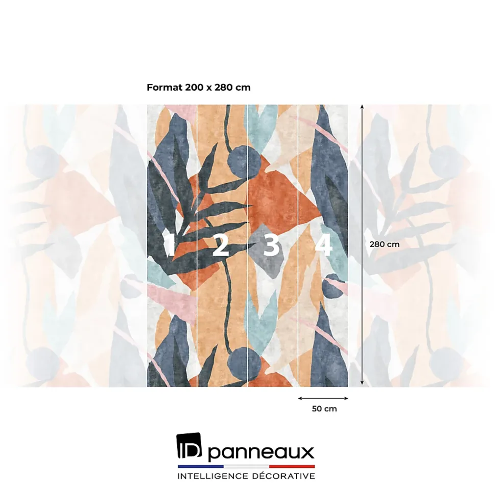 Papier peint panoramique intissé géométrique gris, bleu, orange, 4lés, L.280 x l.200cm IDPanneaux