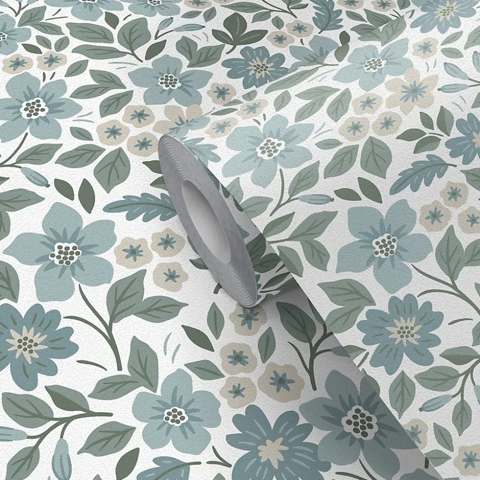 Papier peint pré-encollé vinyle fleuri Easy Roll GoodHome Aani fleurs bleu l.53 x H.1005 cm