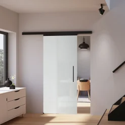 Porte Coulissante Complète Schulte 90x203 - Rail Noir - Verre De Sécurité - Verre Sablé - Poignée Barre -softclose