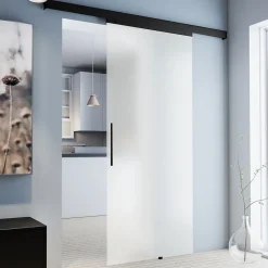 Porte Coulissante Complète Schulte 90x203 - Rail Noir - Verre De Sécurité - Verre Sablé - Poignée Barre -softclose