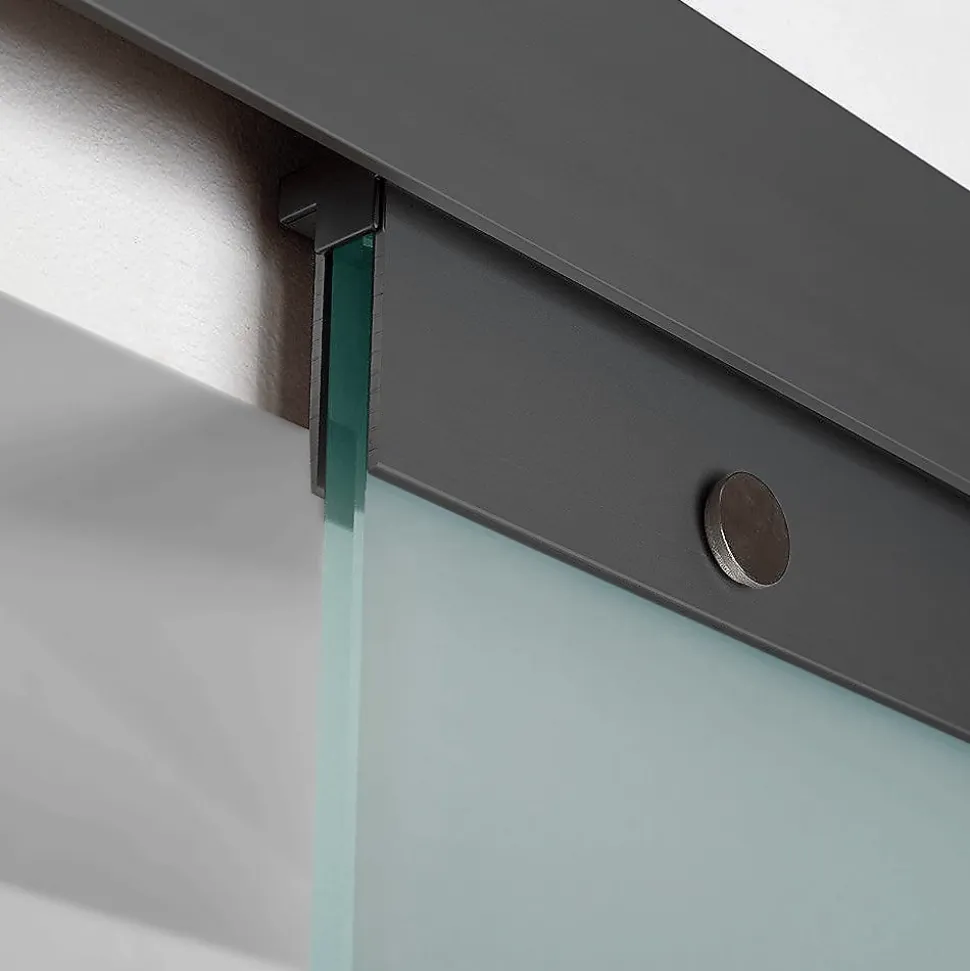 Porte Coulissante Complète Schulte 90x203 - Rail Noir - Verre De Sécurité - Verre Sablé - Poignée Barre -softclose
